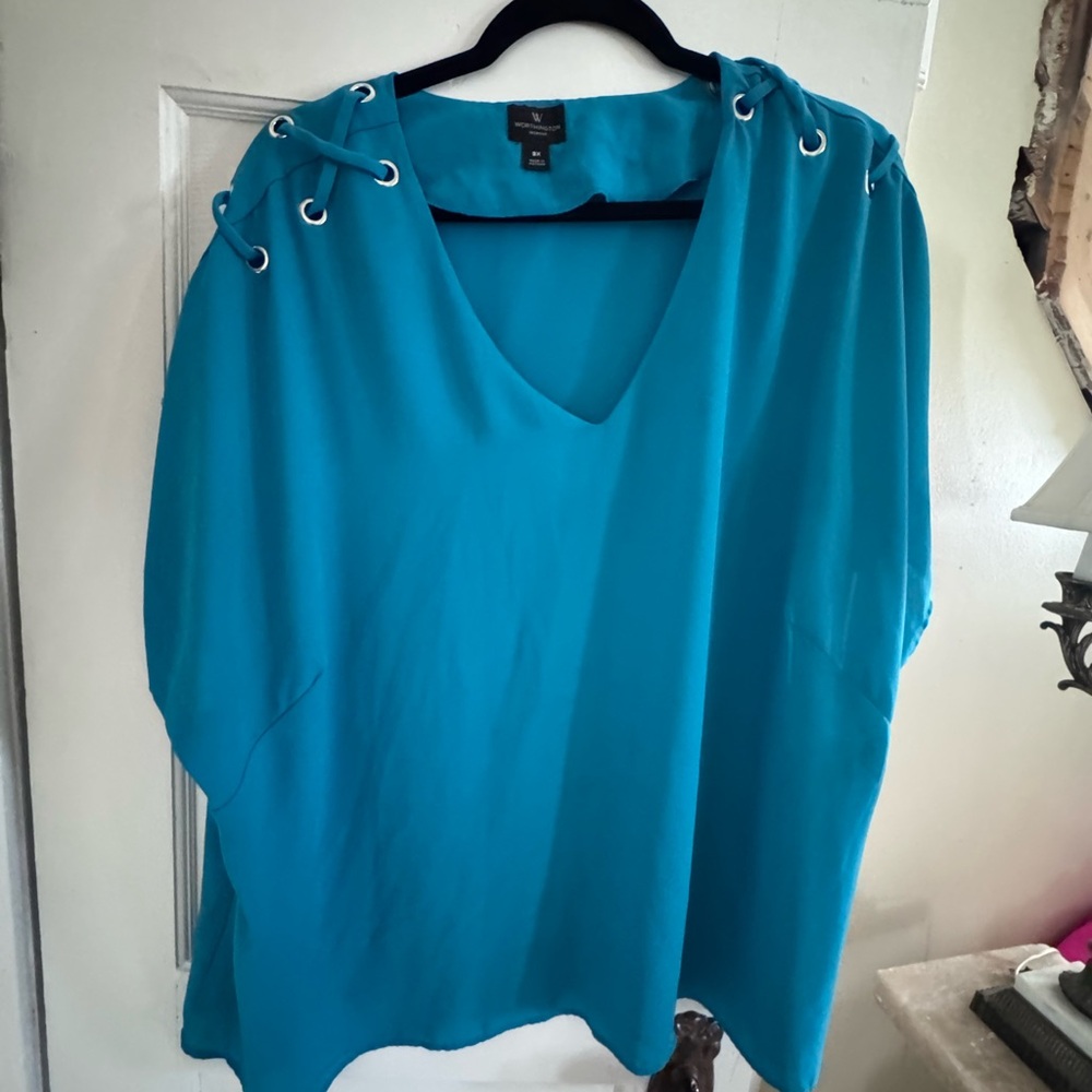 Worthington Turquoise V-Neck Blouse with Grommet Detail